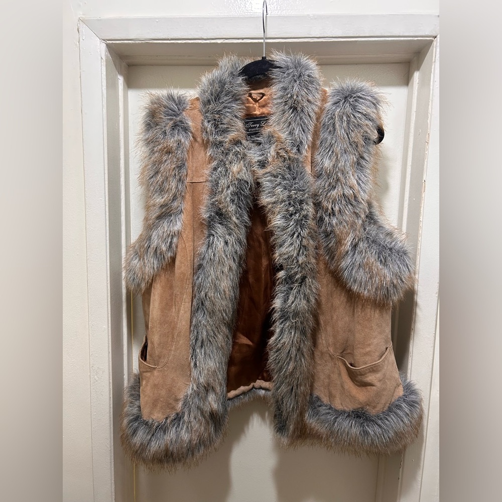 Vintage Terry Lewis Suede Leather Vest Faux Fur Trim Womens XL Boho Western 90s